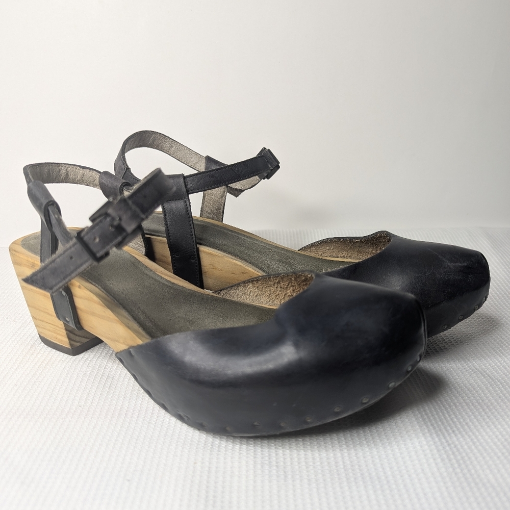 Vialis Black Leather Clogs Wood Heel Handmade in Spain Women's Size 6.5 / EUR 37 - Picture 6 of 14